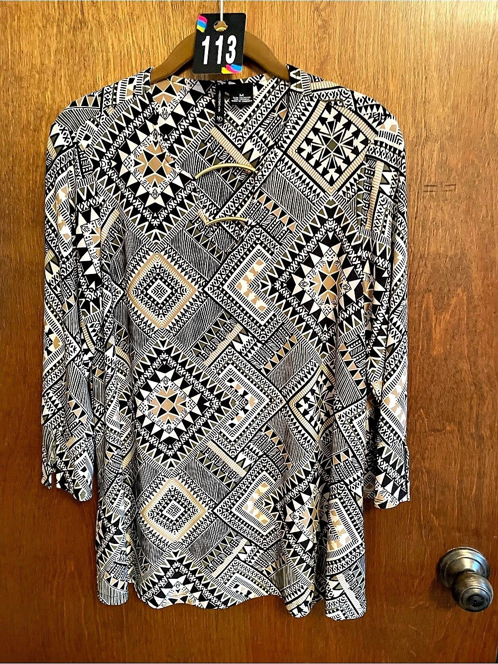 New direction Women's Geometric Blouse in Black & White Size Medium